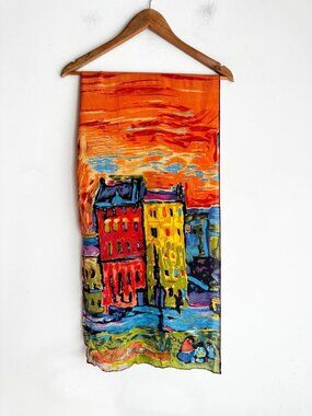 Vintage Cocoon House city landscape print 100% Silk Scarf